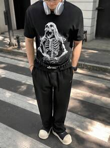 Manfinity VCAY 2 件套男士休闲针织短袖 T 恤和松紧腰直筒裤套装 - 黑色 - 查看 3