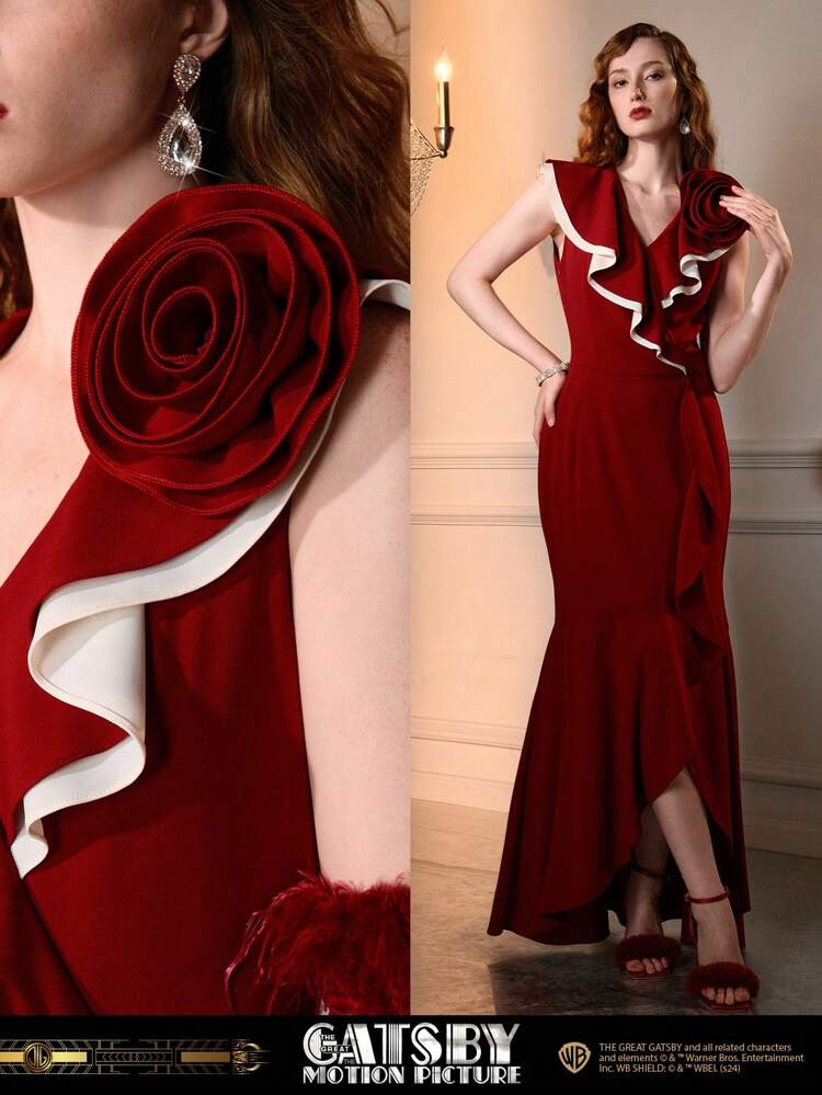The Great Gatsby x MOTF CONTRAST TRIM STEREO FLOWER RUFFLE DETAIL ASYMMETRICAL MERMAID HEM LONG DRESS