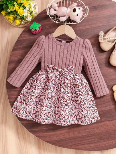 SHEIN Vestido de punto acanalado de manga larga con estampado floral para niña, informal, otoño