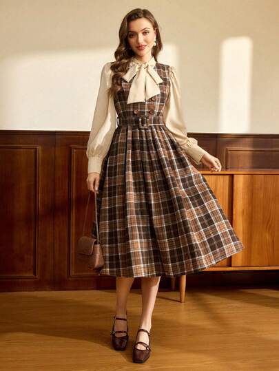 Vintamour Vintage Elegant Women's Plaid Double-Breasted Dress With Pockets, Belt, V-Neck Sleeveless A-Line Midi Casual Swing Dress For Work And Occasions Women Clothes Thanksgiving Women Outfit Outfits Christmas Women Clothes Christmas Outfits Christmas Women Dress Christmas Party Dress Christmas Dress Christmas Clothes New Year Eve Dress Thanksgiving Dress Holiday Dress Dress Brown Skirt Barn Barnfit School Spring