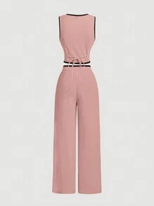 SHEIN MOD Bộ đồ vest hai mảnh họa tiết khối màu cổ điển dành cho nữ, bộ áo khoác blazer, trang phục đầu thu - Màu Hồng baby - Xem 2