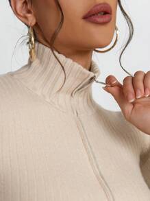 SHEIN Privé Women Khaki Thermal Lined Zip-Up High Neck Long Sleeve Sweater - Khaki - View 2