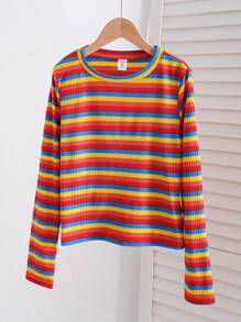 SHEIN Dziewczęca, swobodna dzianinowa, kolorowa, w paski, z okrągłym dekoltem i długim rękawem