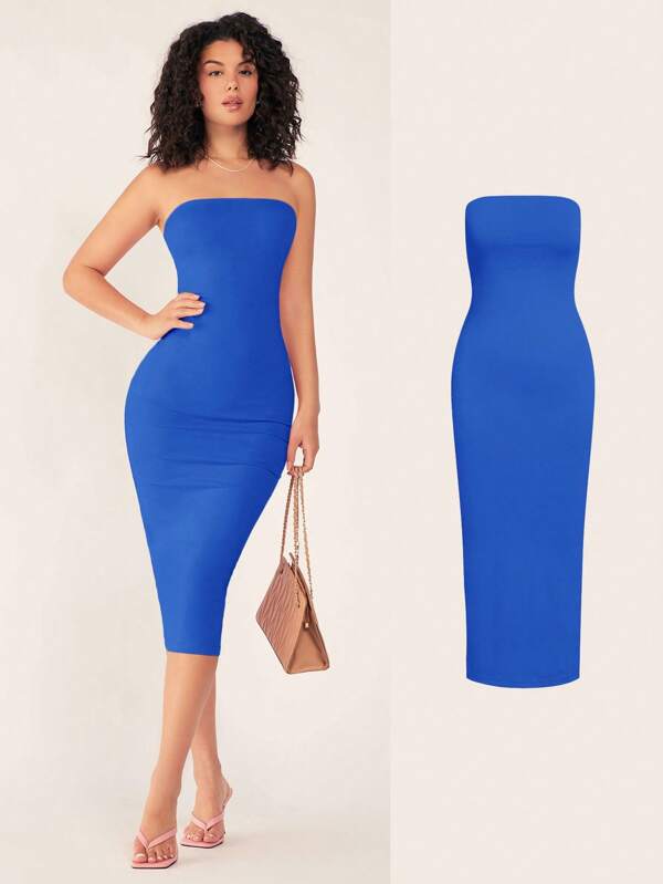 SHEIN BASICS 女士露肩修身紧身休闲晚宴连衣裙