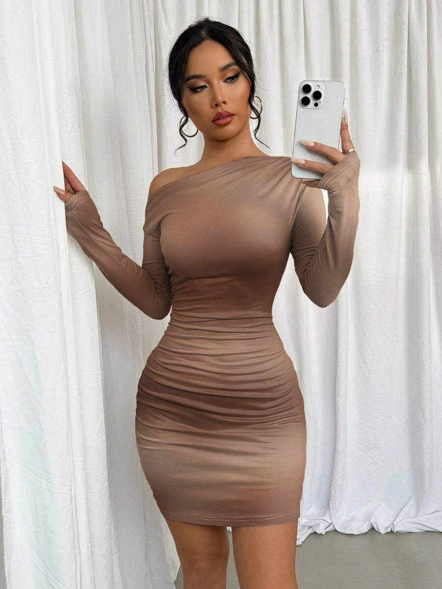Chiquease Smudge Print Asymmetrical Neck Pleated Long Sleeve Dress - Brown - View 1