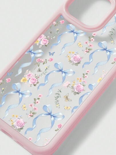 Kawaii 1 pièce Étui de téléphone intelligent blanc avec motif floral bleu élégant et nœud