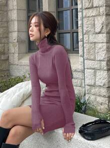 DAZY Women Autumn Winter Casual High Neck Warm Bodycon Sweater Dress,Fall Women Clothes - Violet Purple - View 5