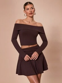 SHEIN BAE Bộ đồ 2 món: Áo trễ vai tay dài màu trơn & Chân váy xếp ly ngắn, Thích hợp cho tiệc cocktail, hẹn hò lãng mạn, mặc nhiều lớp mùa thu/đông, tụ họp, phù dâu cưới, đi chơi đêm, Halloween, Giáng sinh - Cà phê nâu - Xem 3