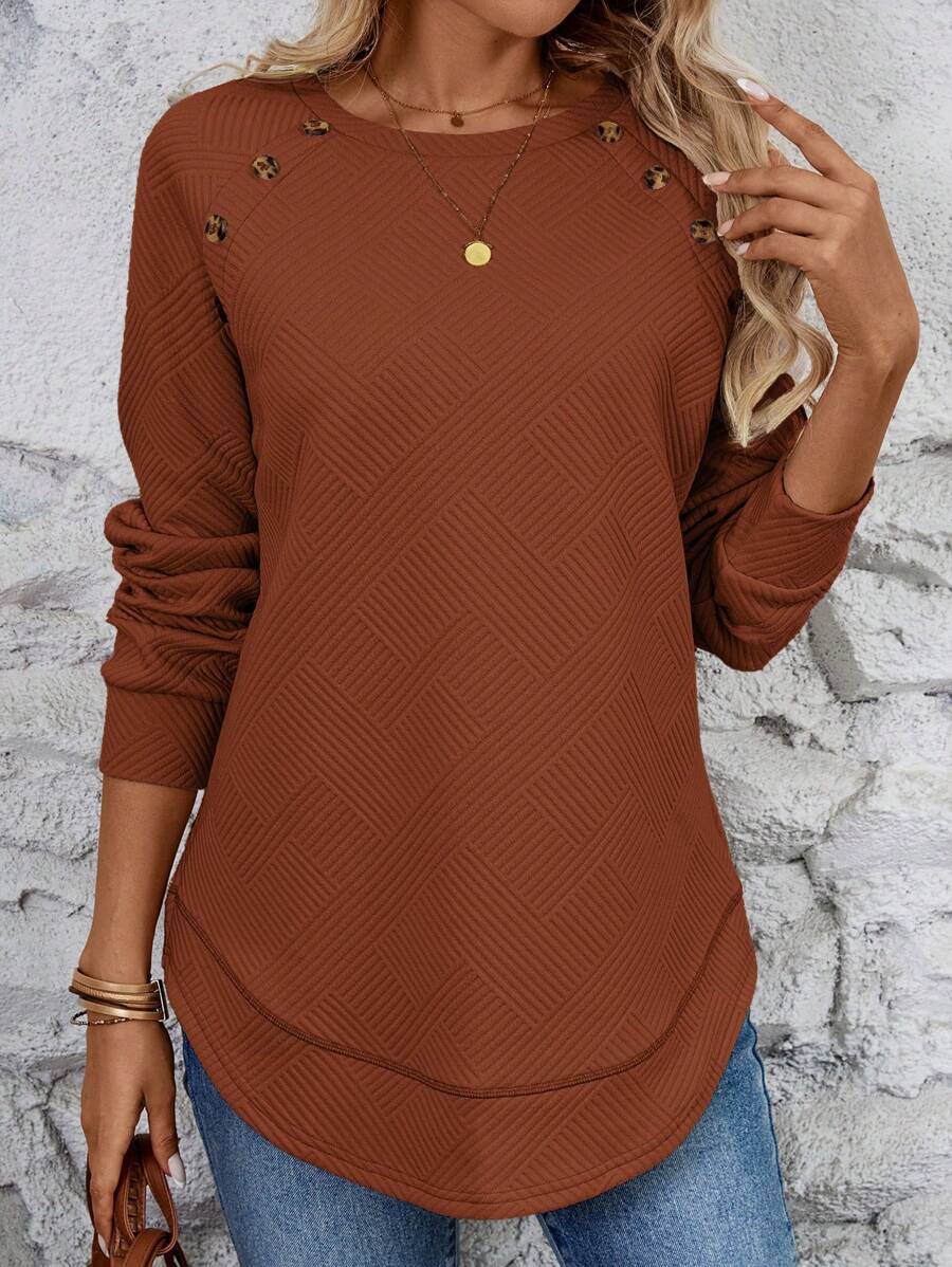 SHEIN LUNE Women's Casual Everyday Raglan Button Decor Sweatshirt, Autumn - Rust Brown - View 1