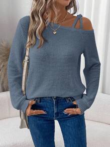 SHEIN LUNE 斜肩灯笼袖华夫格纹理面料休闲通勤户外装女士长袖T恤秋冬 - 藍色 - 查看 6