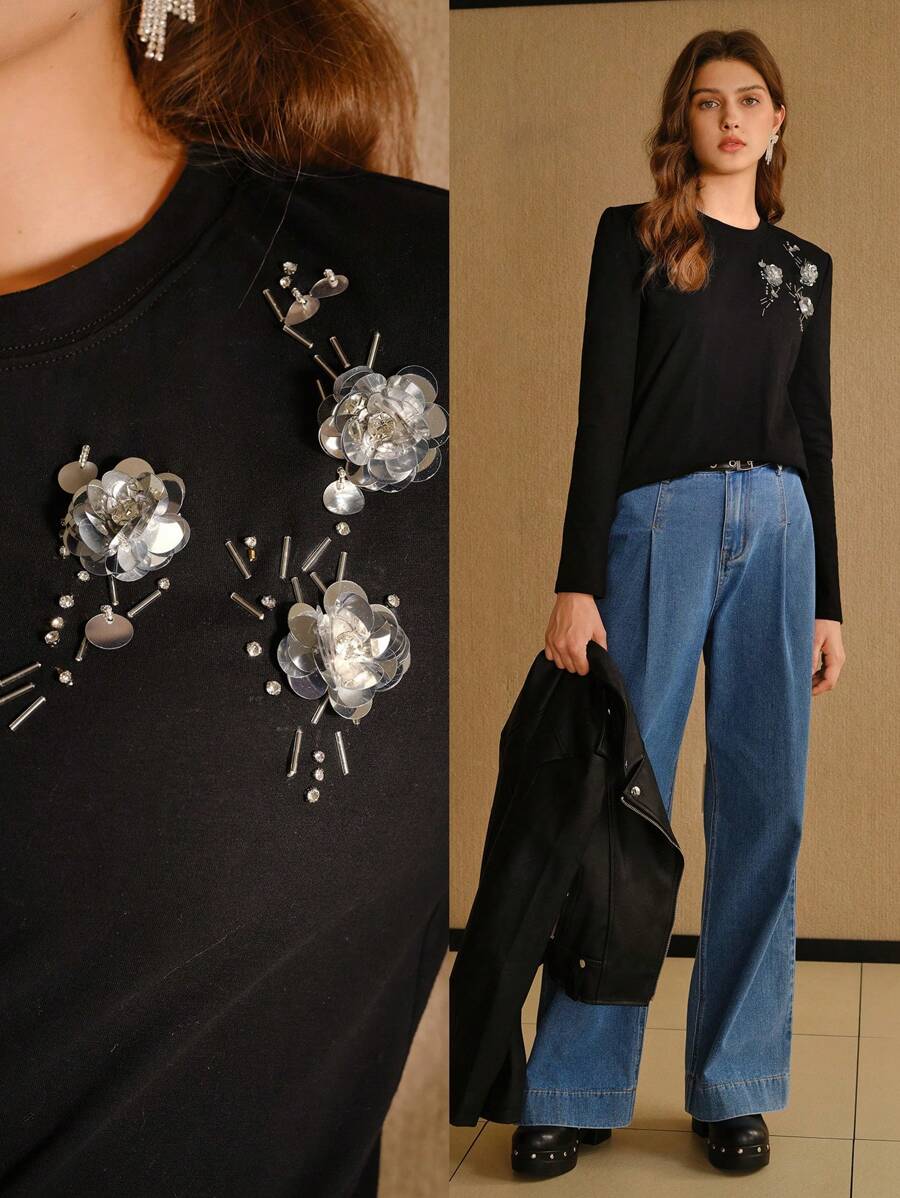 MOTF STUDIO ÁO PHÔNG ĐEN CHI TIẾT SEQUIN TƯƠNG PHẢN