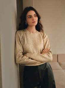 Anewsta Women's Solid Color Spray Coated Crew Neck Long Sleeve Minimalist Sweater For Casual Wear For New Year Holiday Party Clothes Knit Pullover Fall Winter Outfit - Gold - View 4