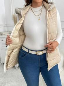 SHEIN LUNE Áo khoác dày dặn, tối giản, có khóa kéo, cỡ lớn, phù hợp cho mùa đông, Lễ Tạ ơn, Năm mới, mùa đông, phụ nữ sành điệu. - Màu be - Xem 8