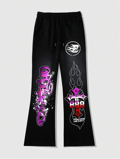 Street Life 1 pieza Pantalón casual para hombre con estampado de letras y nudo delantero, para uso diario