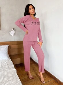 SHEIN Cottnline Slogan & Floral Pattern Ribbed Knit Lounge Set - Dusty Pink - View 4