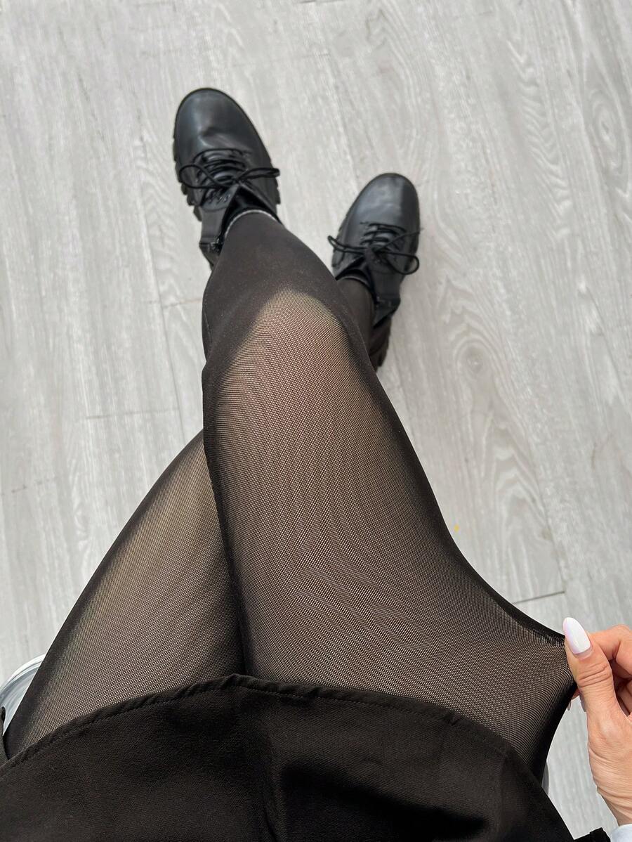 SHEIN EZwear 女士休闲百搭网眼连裤袜，秋冬 - 黑色 - 查看 1