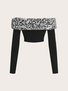 SHEIN ICON Women's Spring & Summer Leopard Print Patchwork Off Shoulder Long Sleeve Zip-Up Cropped Fitted Fall Clothes Women Jacket - Multicolor - View 2