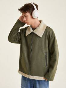 青少年男孩休闲酷炫雪山印花舒适长袖连帽毛绒夹克 - 軍綠色 - 查看 3