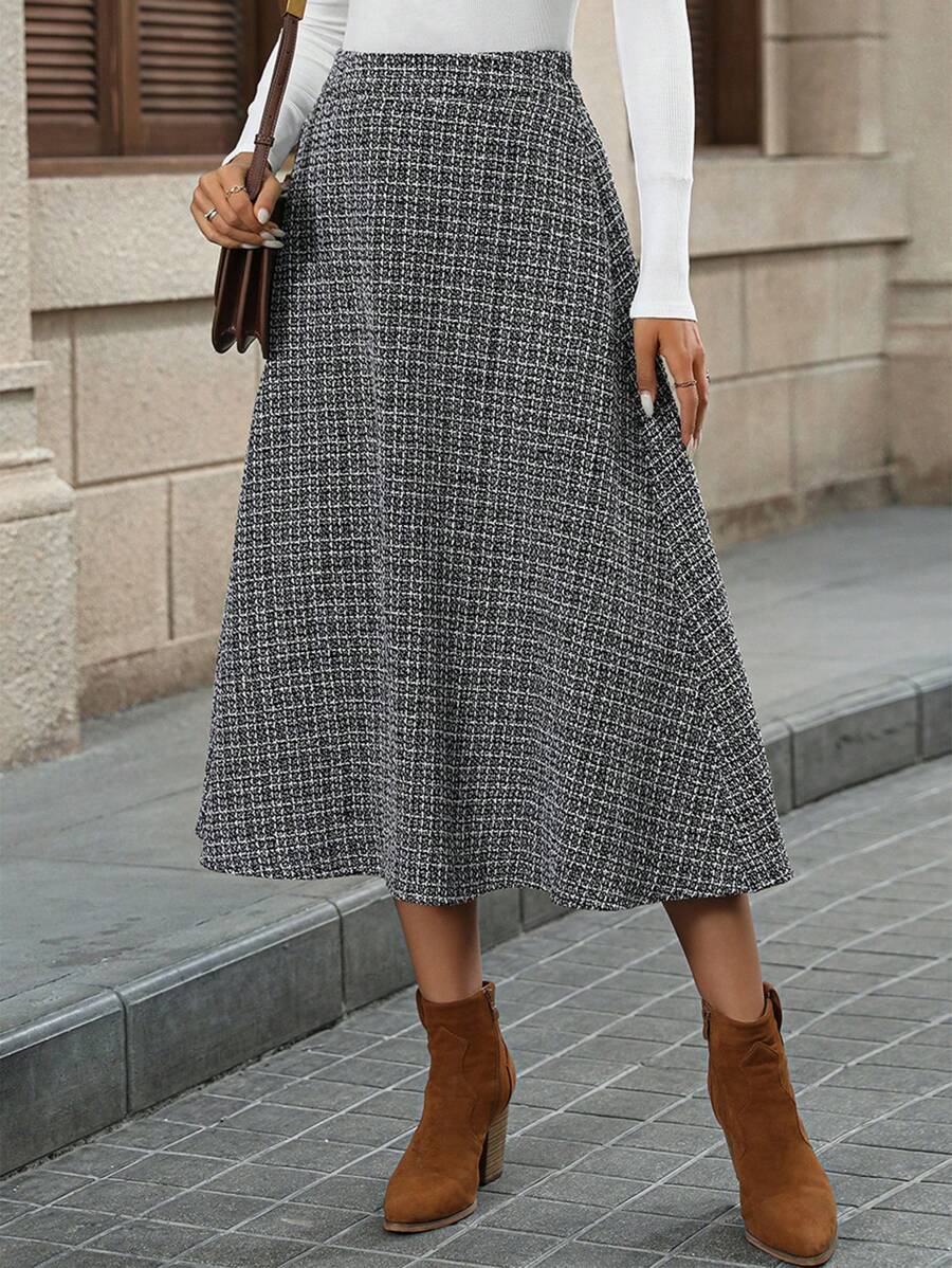 EMERY ROSE 女士休闲格子 A 字裙，适合秋季 - 黑與白 - 查看 1