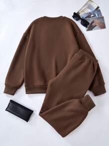 SHEIN 2件組 青少年男孩休閒端莊酷感日常圓領保暖內裡衛衣與運動長褲套裝，秋冬校園淺棕色 - 棕色 - 查看 2