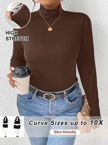 SHEIN CURVE+ Plus Size Solid Ribbed Slim Fit Mock Neck Knit Tee - Brown - View 8