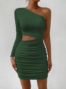 Zolique 1pc Women Solid Color Asymmetrical Neck Ruffle Hollow Long Sleeve Dress - Green - View 6