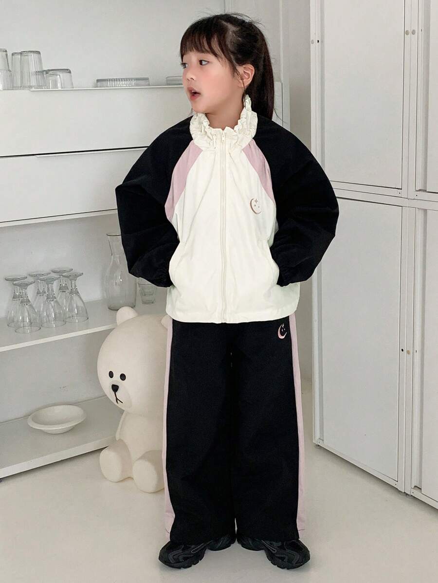 DAZY 青少年女孩拼色褶皱高领拉链开衫和宽腿宽松裤两件套秋季服装 - 黑色 - 查看 1