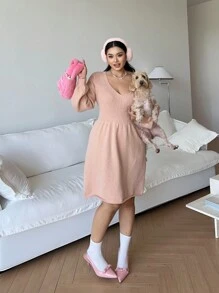 Flirla Vestido de Suéter Acampanado con Cuello en V Elegante de unicolor Talla Grande, Otoño/Invierno