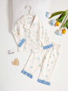 SHEIN 2 件装女婴休闲花卉印花长袖上衣和裤子套装，可爱褶边袖口家居服 - 彩色 - 查看 1