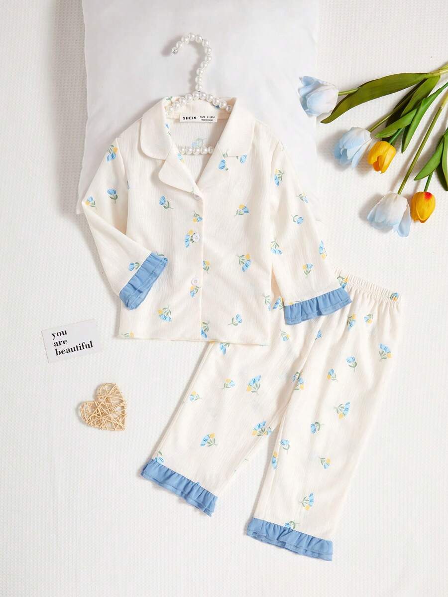 SHEIN 2 件装女婴休闲花卉印花长袖上衣和裤子套装，可爱褶边袖口家居服 - 彩色 - 查看 1