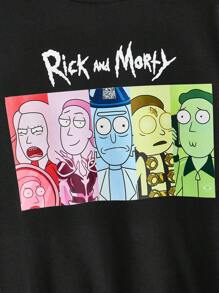 Rick and Morty X SHEIN Women Casual Cartoon Character & Letter Print Drop Shoulder Loose Fit Black Sweatshirt, Suitable For Spring And Autumn