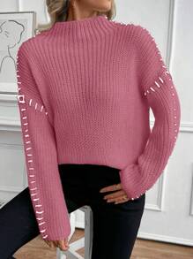 SHEIN LUNE New Arrival Autumn/Winter Funnel Neck Loose Casual Long Sleeve Sweater Knit Pullover Fall - Rusty Rose - View 3
