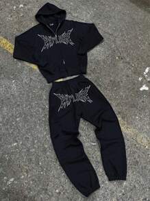 Tween Boy 时尚图案拉链连帽衫 2 件套 - 灰色 - 查看 1