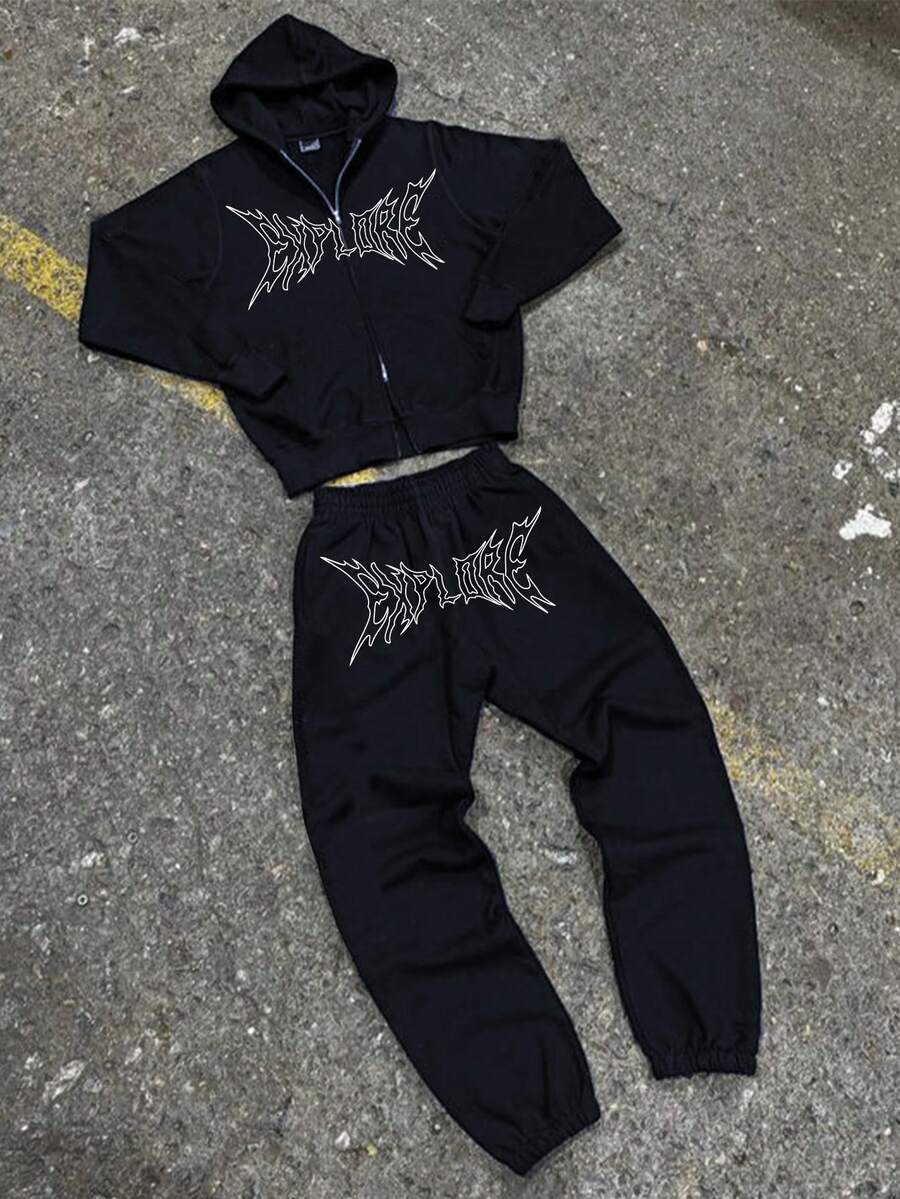 Tween Boy 时尚图案拉链连帽衫 2 件套 - 灰色 - 查看 1