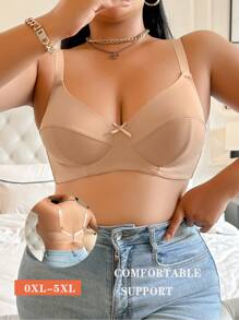 大码纯色细肩带文胸配蝴蝶结装饰和钢圈，单件装 - 杏色 - 查看 1