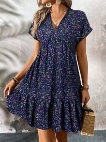 SHEIN LUNE 休闲夏季短款紫色花卉印花返校教师工作服 - 藏蓝色 - 查看 3