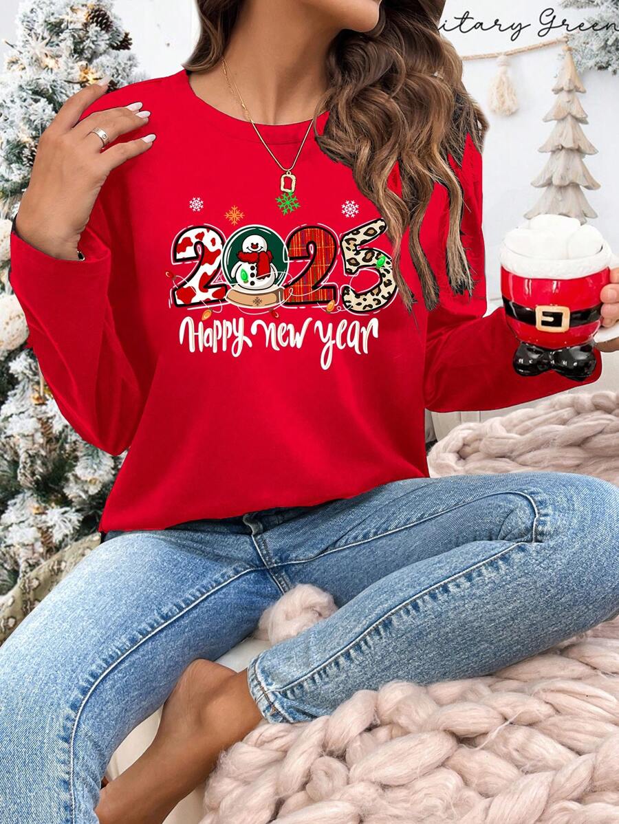 SHEIN LUNE 2025 圣诞及新年氛围休闲宽松圆领长袖 T 恤女士 - 紅色 - 查看 1