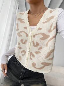 SHEIN Unity Women Casual Leopard Pattern Button Up Sweater Vest - Multicolor - View 1