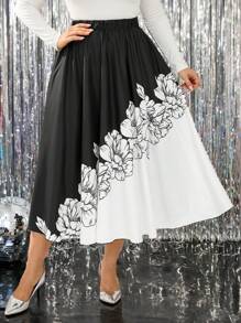 SHEIN Clasi Plus Size Women Woven Floral Grey Printed Asymmetrical Hem Elegant Skirt, Suitable For Autumn/Winter, Christmas & Halloween Party Fall Cloth For Women - Multicolor - View 5