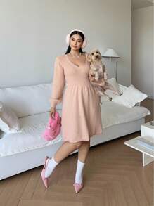 Flirla Vestido de Suéter Acampanado con Cuello en V Elegante de unicolor Talla Grande, Otoño/Invierno