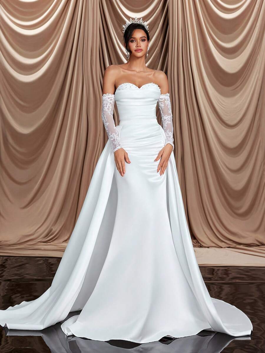 Glamrae 优雅白色露肩露肩蕾丝领串珠透视长袖鱼尾婚纱，带可拆卸超长拖尾（可变换），新娘礼服，新娘 - 白色 - 查看 1