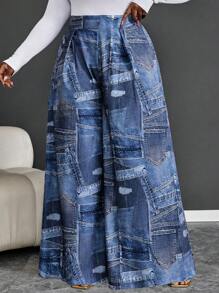 Maweii 大码纯色全印花休闲宽松裤 - 藍色 - 查看 1