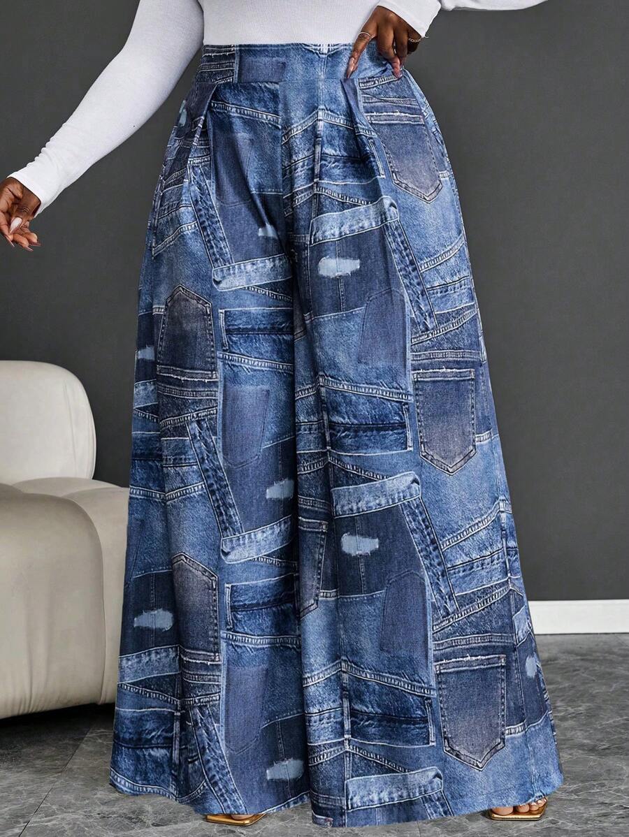 Maweii 大码纯色全印花休闲宽松裤 - 藍色 - 查看 1