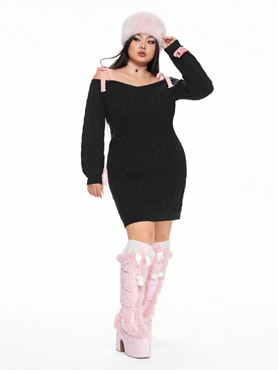 Kawaii Vestido de punto holgado con escote en V y lazo para talla grande, para invierno