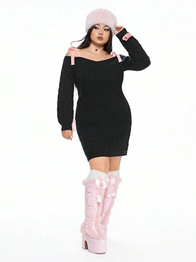ROMWE Plus Size Kawaii Bow Off Shoulder V-Neck Knit Dress, For Winter