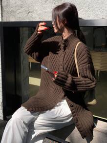 DAZY 女士纯色斜领长袖单排扣休闲针织开衫，秋季女装高领毛衣