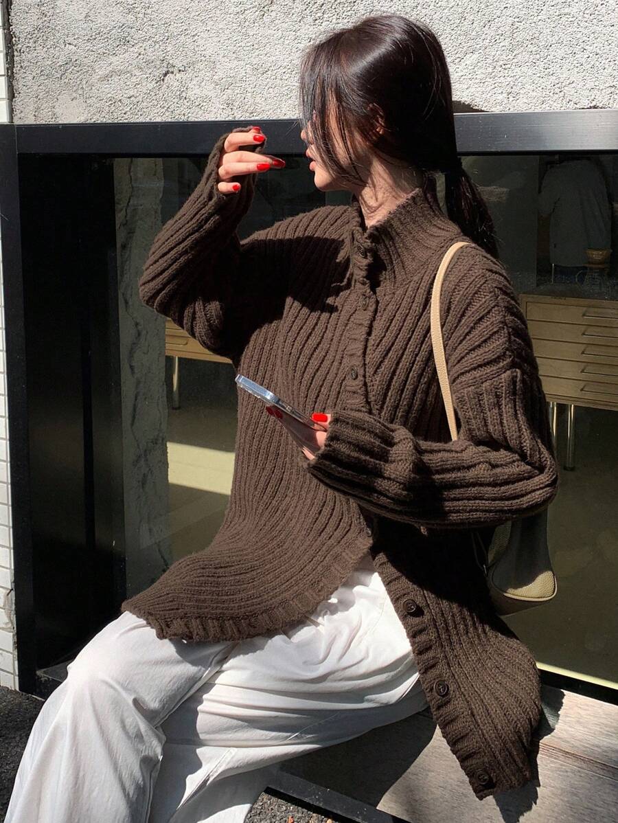 DAZY 女士纯色斜领长袖单排扣休闲针织开衫，秋季女装高领毛衣