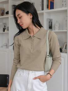 DAZY Women's Business Casual Solid Color Polo Neck Sweater - Khaki - View 5