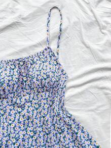 Soleia Plus Size Women's Boho Romantic Sweet Vintage Ditsy Floral Spaghetti Strap Open Back Dress, Back To School/Graduation Party/Holiday/Casual Wear, For Summer