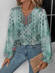SHEIN LUNE Casual Retro Geometrisch & Bloemig Gemengd Patroon Dames Blouse, Geschikt Voor Herfst/Winter